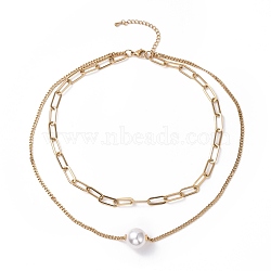 Vacuum Plating 304 Stainless Steel Double Chains Multi Layered Necklaces Necklace with Plastic Pearl Beaded for Women, Golden, 16.34 inch(41.5cm)(STAS-E155-01G)