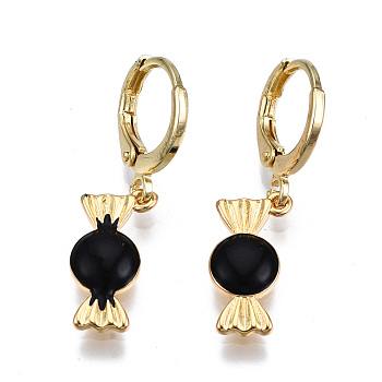 Brass Enamel Huggie Hoop Earrings, Nickel Free, Real 16K Gold Plated, Candy, Black, 30x8mm, Pin: 1mm