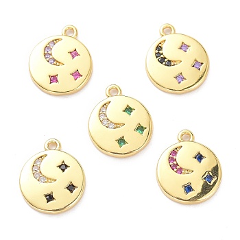 Brass Micro Pave Cubic Zirconia Pendants, Flat Round with Moon & Star, Mixed Color, 11.5x9.5x1.5mm, Hole: 1mm