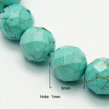 Natural Howlite Beads Strands, Dyed & Heated, Faceted, Round, Turquoise, 8mm, Hole: 1mm, 46pcs/strands, 14.76 inch(37.4cm)