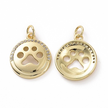 Brass Micro Pave Cubic Zirconia Pendants, Real 18K Gold Plated, with Jump Ring, Flat Round with Paw Print Charms, Clear, 18.5x15.5x5mm, Jump Ring: 5x0.8mm, Inner Diameter: 3.2mm