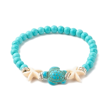Synthetic Turquoise(Dyed) Starfish & Turtle Stretch Bracelet, Gemstone Jewelry for Women, Inner Diameter: 2-1/8 inch(5.4cm)