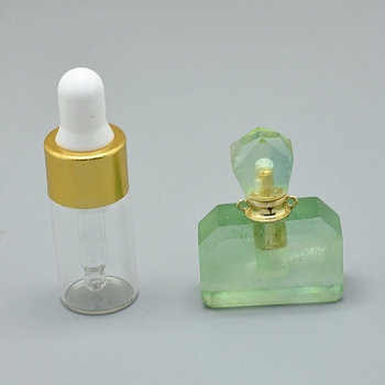 Faceted Natural Fluorite Openable Perfume Bottle Pendants, with Brass Findings and Glass Essential Oil Bottles, 35x28x12.5mm, Hole: 1.2mm, Glass Bottle Capacity: 3ml(0.101 fl. oz), Gemstone Capacity: 1ml(0.03 fl. oz)