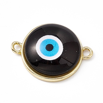 Evil Eye Resin Connector Charms, Flat Round Links, with Golden Tone Brass Findings, Black, 16.5x22x5mm, Hole: 1.8mm