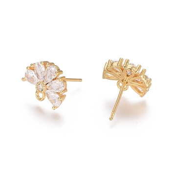 Brass Cubic Zirconia Stud Earring Findings, with Loop, Flower, Clear, Golden, 15mm, Pin: 0.7mm