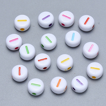 Craft Acrylic Horizontal Hole Letter Beads, Flat Round, Mixed Color, Letter.I, 7x3.5~4mm, Hole: 1.5mm, about 3600pcs/500g