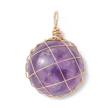 Natural Amethyst Copper Wire Wrapped Pendants, Half Round/Dome Charms, Golden, 30.5x21x8mm, Hole: 4.7mm