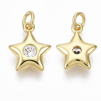 Brass Micro Pave Cubic Zirconia Charms, with Jump Ring, Nickel Free, Star, Clear, Real 18K Gold Plated, 11x8.5x2.5mm, Hole: 2mm