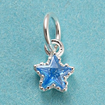 925 Sterling Silver Charms, with Cubic Zirconia, Faceted Star, Silver, Cornflower Blue, 7x5x2.5mm, Hole: 3mm