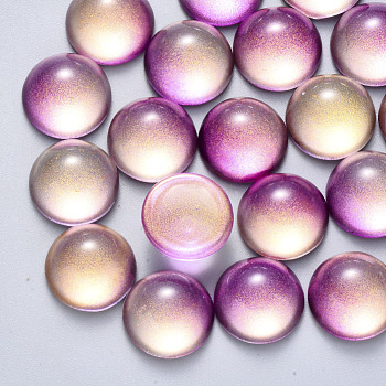 Transparent Spray Painted Glass Cabochons, with Glitter Powder, Half Round/Dome, Plum, 14x7mm