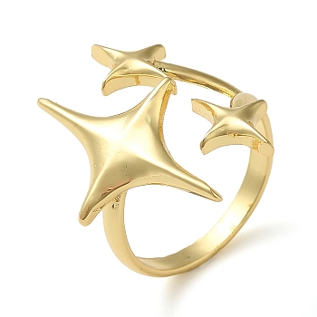 Brass Open Cuff Ring, Star, Real 16K Gold Plated, Inner Diameter: 18mm