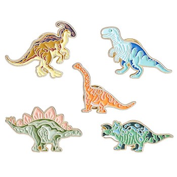 5Pcs 5 Style Dinosaurs Enamel Pins, Platinum Alloy Badges for Backpack Clothes, Mixed Color, 22.5~33.6x17~28mm, 1Pc/style