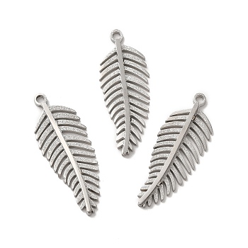 304 Stainless Steel Pendants, Feather Charm, Stainless Steel Color, 28x10.5x2mm, Hole: 1.6mm