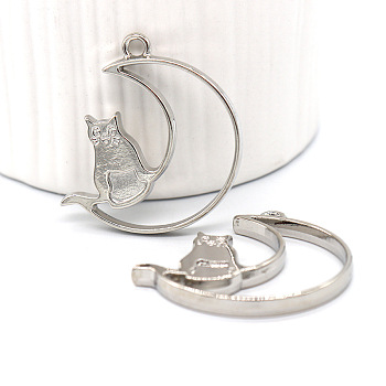 Alloy Open Back Bezel Moon Cat Pendants, for DIY UV Resin, Epoxy Resin, Pressed Flower Jewelry, Platinum, 37x37x3.5mm