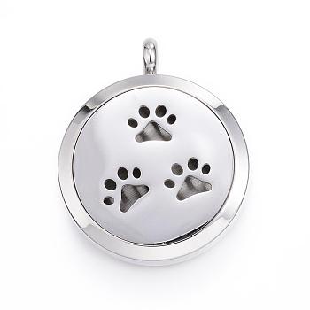 316 Surgical Stainless Steel Diffuser Locket Pendants, with Perfume Pad and Magnetic Clasps, Flat Round with Paw Print, Stainless Steel Color, 36.5~37x30x6~6.5mm, Hole: 5mm, Inner Diameter: 23mm, 12color/set