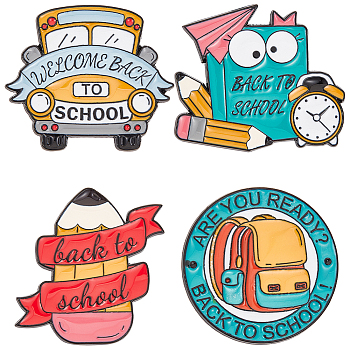 8Pcs 4 Styles Backpack/Pencil/Book Back to School Theme Enamel Pins, Black Alloy Brooch for Backpack Clothes, Mixed Shapes, 28~30x30~33x1mm, 2pcs/style