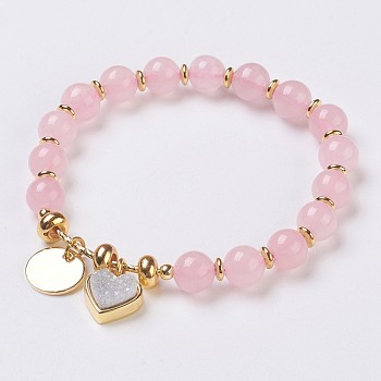 Natural Rose Quartz Beads Stretch Bracelets, with Electroplate Natural Druzy and Brass Findings, Heart and Flat Round, 2-1/8 inch(5.5cm), Charms: 12~13x12x1~7mm