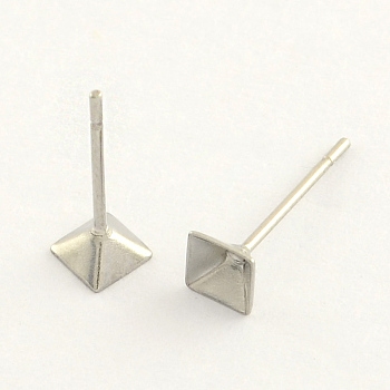 304 Stainless Steel Post Stud Earring Findings, Stainless Steel Color, 4x4mm, pin: 0.8mm