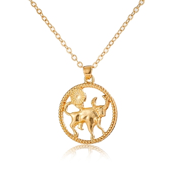 Alloy Flat Round with Constellation Pendant Necklaces, Cable Chain Necklace for Women, Taurus, Pendant: 2.2cm