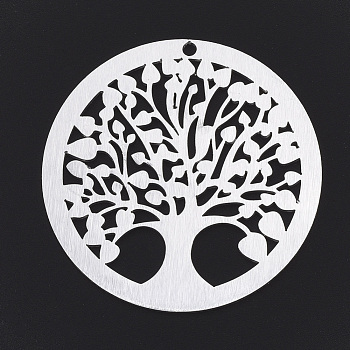 Aluminium Big Pendants, Laser Cut Big Pendants, Flat Round with Tree of Life, Silver Color Plated, 50x1mm, Hole: 2mm