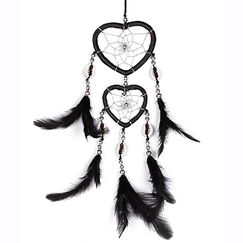 Heart Woven Web/Net with Feather Wall Hanging Decorations, with Iron Ring, for Home Bedroom Decorations, Black, 350~400mm