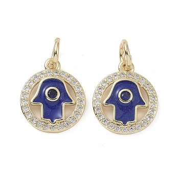 Real 18K Gold Plated Brass Micro Pave Cubic Zirconia Pendants, with Enamel and Jump Ring, Hamsa Hand with Evil Eye Charms, Colorful, 14.5x12.5x2mm, Hole: 4mm
