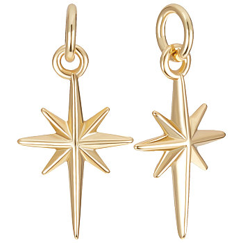 12Pcs Brass Pendants, with Jump Rings, Star, Real 18K Gold Plated, 17x9.7x2.5mm, Hole: 3.4mm