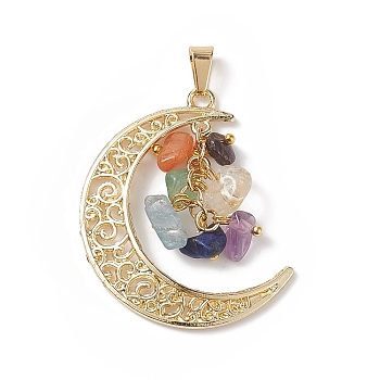 7 Chakra Natural Mixed Gemstone Chip Pendants, Light Gold Plated Alloy Moon Charms, 40.5x35x3~4mm Hole: 7x3.5mm