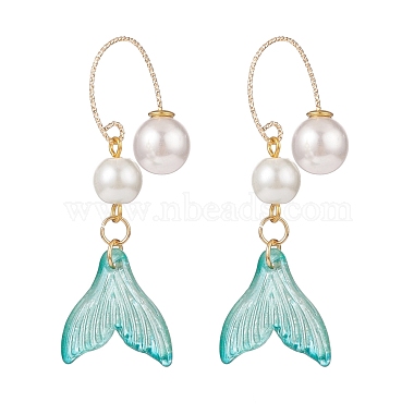 Glass Whale Tail with Imitation Pearl Cuff Earrings(EJEW-JE04996)-3