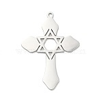 Non-Tarnish 304 Stainless Steel Pendants, Laser Cut, Cross with Star of David Charm, Stainless Steel Color, 33x24.5x1mm, Hole: 1.4mm(STAS-K287-01P)