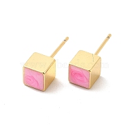 Enamel Cube Stud Earrings, Real 18K Gold Plated Brass Jewelry for Women, Pearl Pink, 6x6mm, Pin: 0.8mm(EJEW-P210-02G-03)