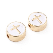 Brass Enamel Beads, Long-Lasting Plated, Flat Round with Cross, White, Real 18K Gold Plated, 11x4.5mm, Hole: 1.8mm(KK-F814-04G)