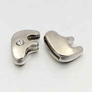 Letter Slider Beads for Watch Band Bracelet Making, Platinum Plated Alloy Crystal Rhinestone Slide Charms, Cadmium Free & Nickel Free & Lead Free, Letter.F, 11~13x9~11.5x4~5mm, Hole: 7.5~8x1mm(ALRI-O012-F-NR)