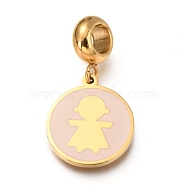 Ion Plating(IP) 304 Stainless Steel European Dangle Charms, Large Hole Pendants, with Enamel, Flat Round with Girl, Misty Rose, Golden, 25.5mm, Hole: 4mm, Pendant: 16x13.5x1mm(STAS-O097-12G)