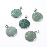 Natural Green Aventurine Pendants, with Platinum Tone Brass Pendant Settings, Flat Round with Tree, 28~29x24~25x6~7mm, Hole: 6x4mm(G-G807-B01)