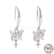 Rhodium Plated 925 Sterling Silver Earring Hooks, with Clear Cubic Zirconia, Butterfly, for Half Drilled Beads, Platinum, 27mm, 21 Gauge, Pin: 0.7mm and 0.6mm, Tray: 6x3mm(STER-D035-33P)