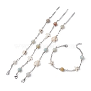 4Pcs 4 Style Natural Flower Amazonite & Synthetic Turquoise Beaded Link Chain Bracelets Set, Skull & Cross & Tortoise & Starfish, Mixed Shapes, 6-7/8~7 inch(17.5~17.8cm), 1Pc/style(BJEW-JB09518)