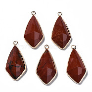 Natural Red Jasper Charms, with Golden Plated Brass Edge and Loop, Faceted, Rhombus, 35x17.5x8.5mm, Hole: 2mm(G-Q998-029D)