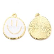 Alloy Enamel Pendants, Golden, Flat Round with Smiling Face Charm, White, 24.5x20x1.5mm, Hole: 2mm(ENAM-D051-18G-01)
