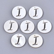 Natural Freshwater Shell Charms, Flat Round with Hollow Out Letter, Letter.I, 14.5x1.5mm, Hole: 0.9mm(SHEL-S276-119I)