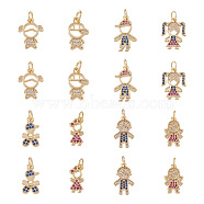 16Pcs 8 Style Brass Micro Pave Mixed Color Cubic Zirconia Pendants, Boy & Girl , Golden, 14~17.5x6.5~11.5x1.5~2.5mm, 2pcs/style(ZIRC-FW0001-03)