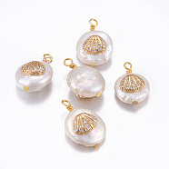 Natural Cultured Freshwater Pearl Pendants, with Brass Micro Pave Cubic Zirconia Findings, Nuggets with Shell, Golden, Clear, 17~26x11~16x5~11mm, Hole: 1.6~2mm(PEAR-L027-58A)
