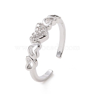 Clear Cubic Zirconia Heart Open Cuff Ring, Brass Jewelry for Valentine's Day, Platinum, Inner Diameter: 18mm(RJEW-E072-22P)