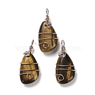 Natural Tiger Eye Pendants, Rack Plating Brass Wire Wrapped Gems Teardrop Charms, Cadmium Free & Lead Free, Rose Gold, 37~40x19~19.5x9.5~10mm, Hole: 4.5~5mm(G-F763-03RG-03)