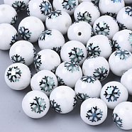 Christmas Opaque Glass Beads, Round with Electroplate Snowflake Pattern, Green Plated, 10mm, Hole: 1.2mm(EGLA-R113-01E)