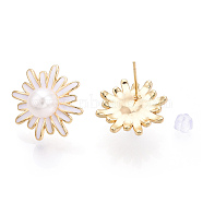 Daisy Flower Natural Pearl Stud Earrings with Enamel, Brass Earring with 925 Sterling Silver Pins, Real 18K Gold Plated, 18.5x18.5mm, Pin: 12x0.8mm(PEAR-N020-07G)
