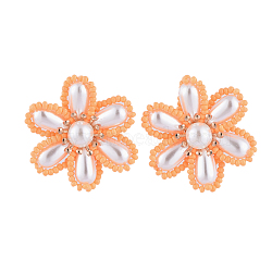 Brass Clip-on Earring, with ABS Plastic Imitation Pearl Cabochons, Flower, Dark Orange, 34x19mm(EJEW-JE04139-01)