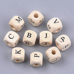 Natural Wooden European Beads, Horizontal Hole, Large Hole Beads, Undyed, Cube with Letter, Antique White, 10x9.5x9.5mm, Hole: 4mm, about 905pcs/500g(WOOD-S055-01A)