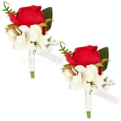 2Pcs Silk Cloth Imitation Rose Boutonniere, with Silk Ribbon, Iron Brooches, for Men or Bridegroom Wedding, Party Decorations, FireBrick, 115~130x68~130mm(AJEW-CP0008-47)
