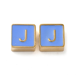 304 Stainless Steel Enamel Beads, Real 14K Gold Plated, Square with Letter, Letter J, 8x8x4mm, Hole: 2mm(STAS-L022-293G-J)